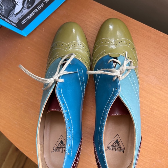John Fluevog Teal and Olive Lace-Up Heels - Picture 2 of 3